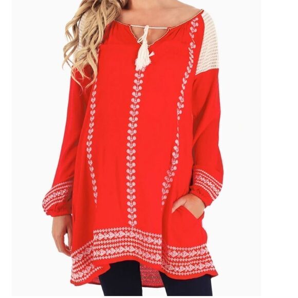 Umgee red boho embroidered tunic top size medium - Picture 3 of 10